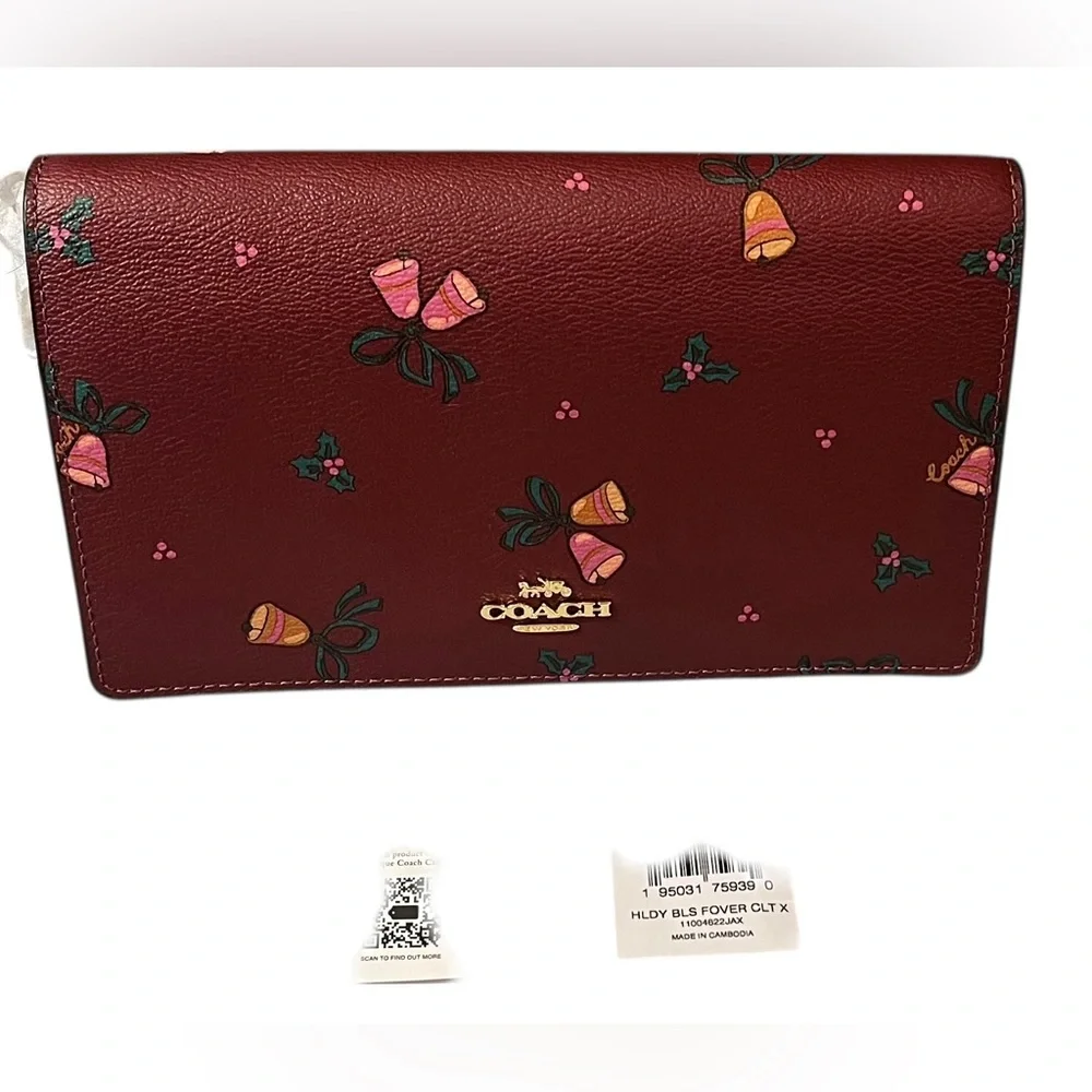 HP x 2 Coach Anna Fold Over Crossbody Clutch Bag Limited Holiday Bells Print NWT